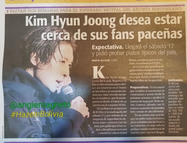 The newspaper presents in its edition of today an exclusive note on the preparations for meeting of kim hyun joong in Bolivia